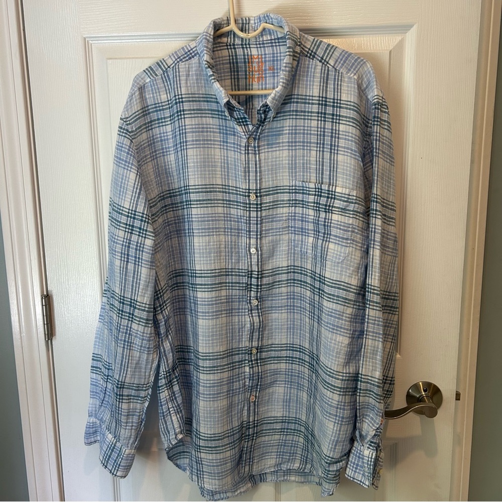 J. McLaughlin Blue Linen Casual Button Down Shirt
